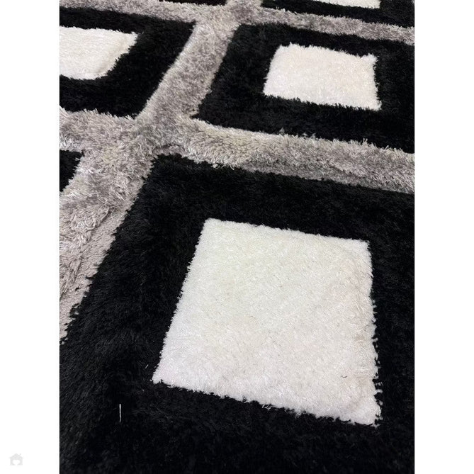 Olympia GR224 3D Geometric Plush Carved Hi-Lo Textured Soft Polyester Metallic Shimmer Shaggy Black/White/Grey Rug-Think Rugs-Rug Love - The Most Loved Rug Store