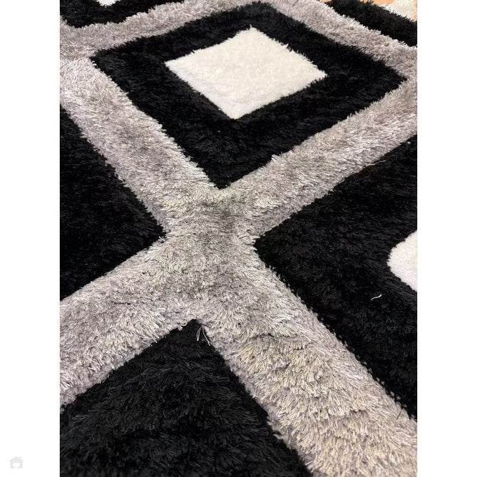 Olympia GR224 3D Geometric Plush Carved Hi-Lo Textured Soft Polyester Metallic Shimmer Shaggy Black/White/Grey Rug-Think Rugs-Rug Love - The Most Loved Rug Store