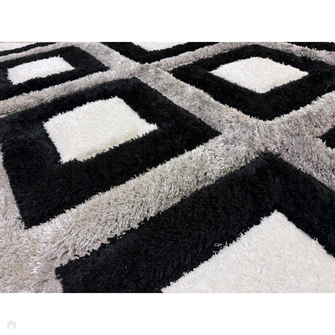 Olympia GR224 3D Geometric Plush Carved Hi-Lo Textured Soft Polyester Metallic Shimmer Shaggy Black/White/Grey Rug-Think Rugs-Rug Love - The Most Loved Rug Store