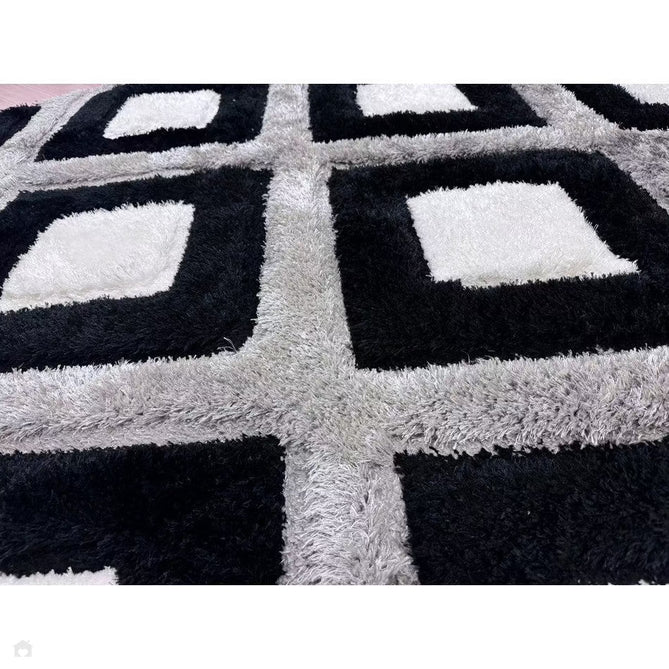 Olympia GR224 3D Geometric Plush Carved Hi-Lo Textured Soft Polyester Metallic Shimmer Shaggy Black/White/Grey Rug-Think Rugs-Rug Love - The Most Loved Rug Store