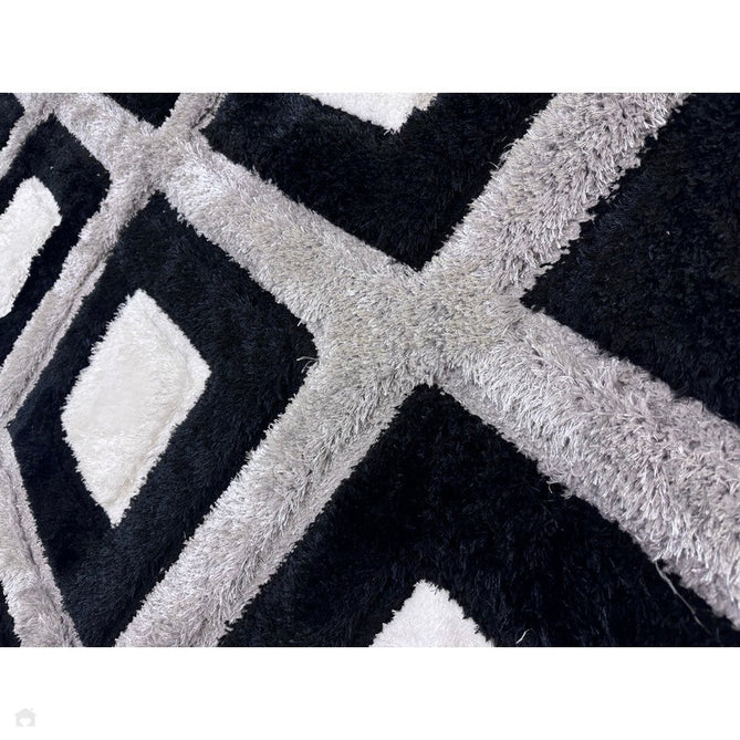Olympia GR224 3D Geometric Plush Carved Hi-Lo Textured Soft Polyester Metallic Shimmer Shaggy Black/White/Grey Rug-Think Rugs-Rug Love - The Most Loved Rug Store