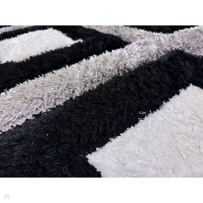 Olympia GR224 3D Geometric Plush Carved Hi-Lo Textured Soft Polyester Metallic Shimmer Shaggy Black/White/Grey Rug-Think Rugs-Rug Love - The Most Loved Rug Store