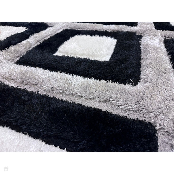 Olympia GR224 3D Geometric Plush Carved Hi-Lo Textured Soft Polyester Metallic Shimmer Shaggy Black/White/Grey Rug-Think Rugs-Rug Love - The Most Loved Rug Store