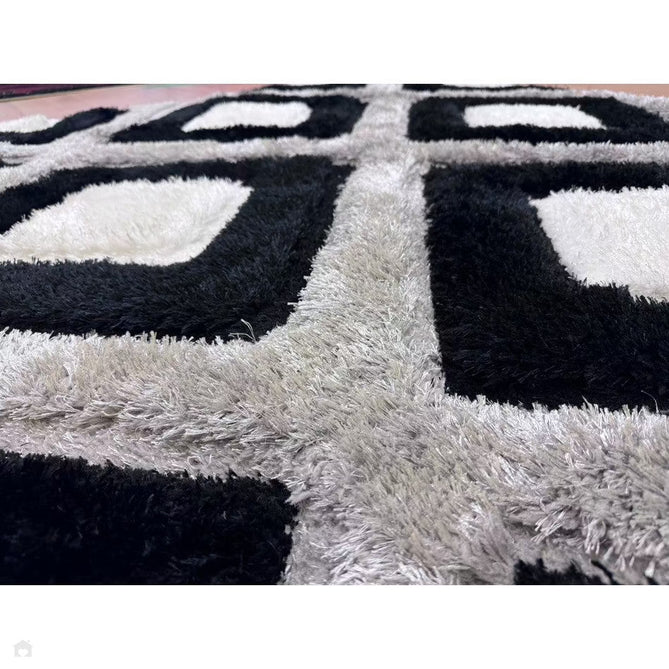 Olympia GR224 3D Geometric Plush Carved Hi-Lo Textured Soft Polyester Metallic Shimmer Shaggy Black/White/Grey Rug-Think Rugs-Rug Love - The Most Loved Rug Store