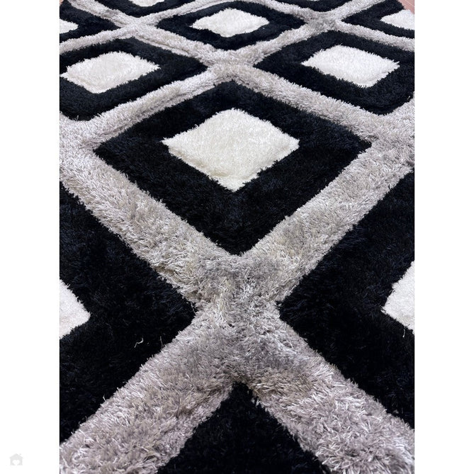 Olympia GR224 3D Geometric Plush Carved Hi-Lo Textured Soft Polyester Metallic Shimmer Shaggy Black/White/Grey Rug-Think Rugs-Rug Love - The Most Loved Rug Store