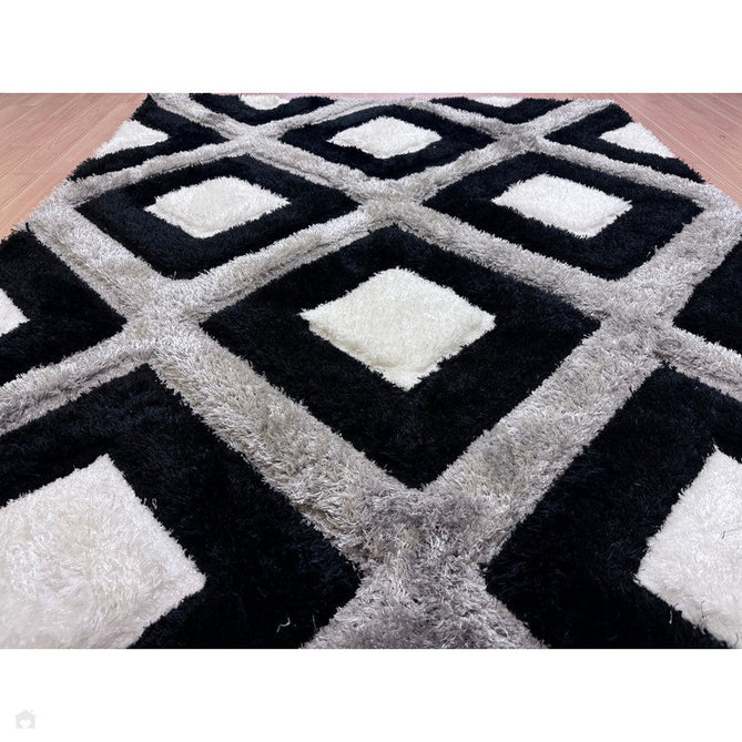 Olympia GR224 3D Geometric Plush Carved Hi-Lo Textured Soft Polyester Metallic Shimmer Shaggy Black/White/Grey Rug-Think Rugs-Rug Love - The Most Loved Rug Store