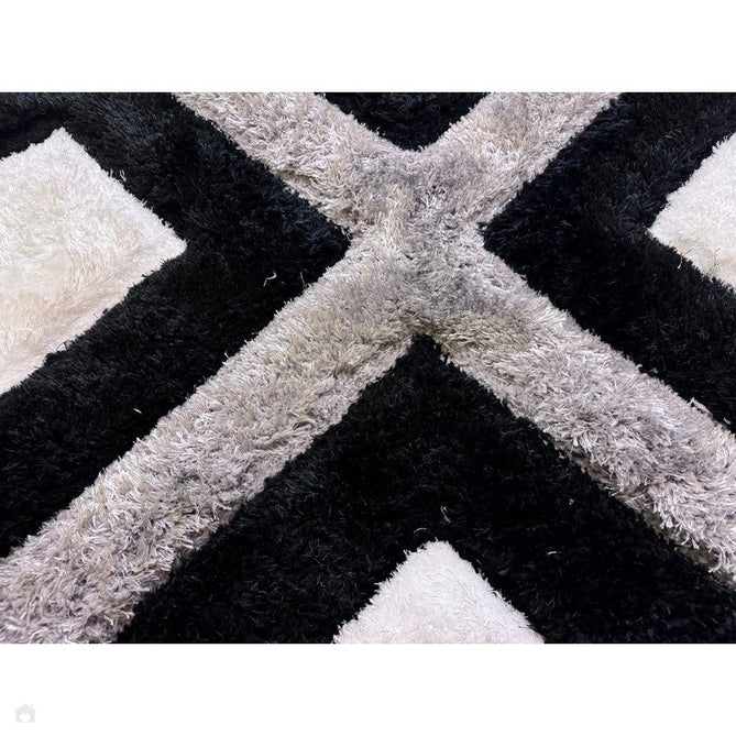 Olympia GR224 3D Geometric Plush Carved Hi-Lo Textured Soft Polyester Metallic Shimmer Shaggy Black/White/Grey Rug-Think Rugs-Rug Love - The Most Loved Rug Store