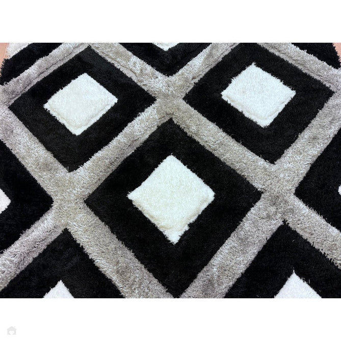 Olympia GR224 3D Geometric Plush Carved Hi-Lo Textured Soft Polyester Metallic Shimmer Shaggy Black/White/Grey Rug-Think Rugs-Rug Love - The Most Loved Rug Store