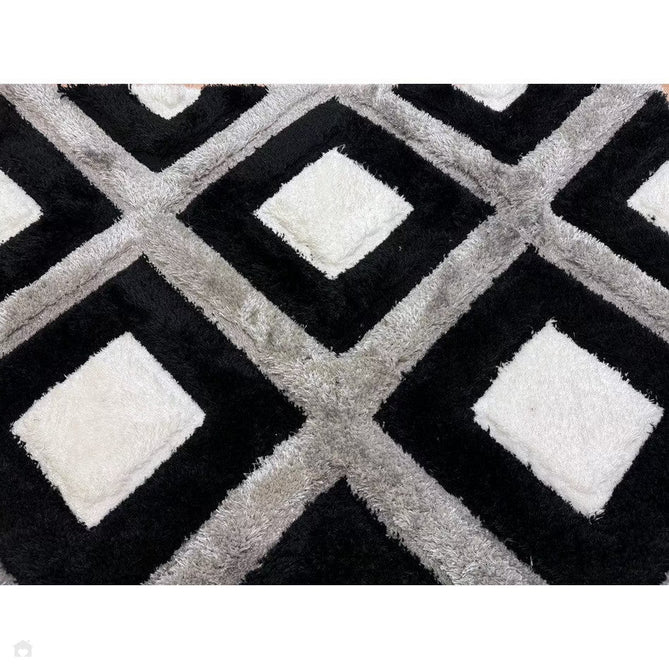 Olympia GR224 3D Geometric Plush Carved Hi-Lo Textured Soft Polyester Metallic Shimmer Shaggy Black/White/Grey Rug-Think Rugs-Rug Love - The Most Loved Rug Store
