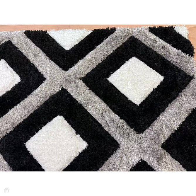 Olympia GR224 3D Geometric Plush Carved Hi-Lo Textured Soft Polyester Metallic Shimmer Shaggy Black/White/Grey Rug-Think Rugs-Rug Love - The Most Loved Rug Store