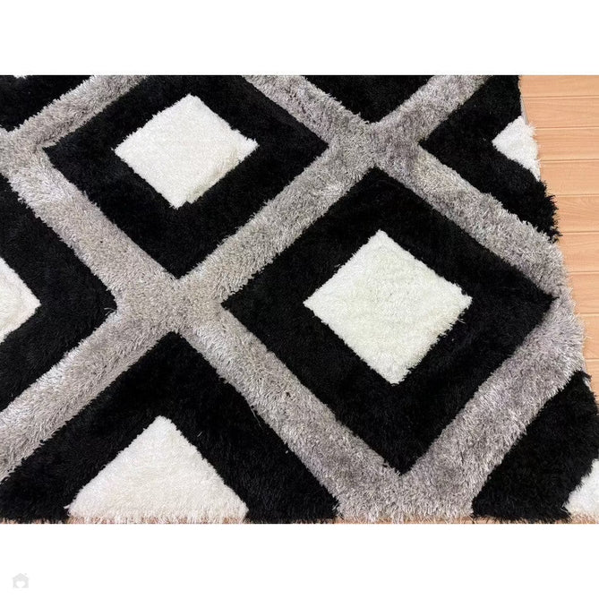 Olympia GR224 3D Geometric Plush Carved Hi-Lo Textured Soft Polyester Metallic Shimmer Shaggy Black/White/Grey Rug-Think Rugs-Rug Love - The Most Loved Rug Store