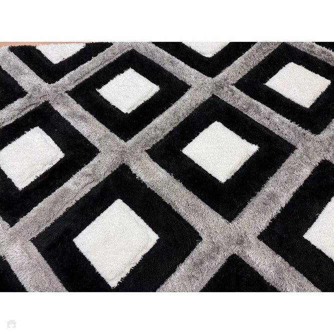 Olympia GR224 3D Geometric Plush Carved Hi-Lo Textured Soft Polyester Metallic Shimmer Shaggy Black/White/Grey Rug-Think Rugs-Rug Love - The Most Loved Rug Store