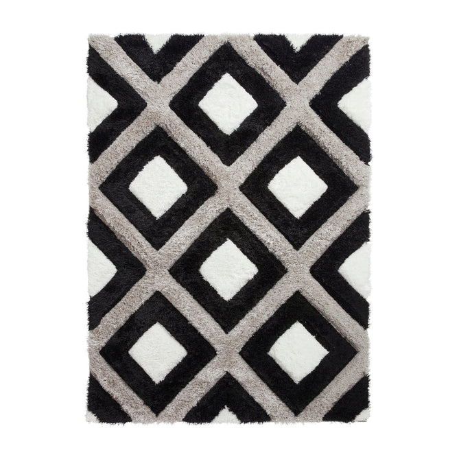 Olympia GR224 Modern 3D Geometric Diamond Metallic Shimmer Soft Plush Carved Hi-Lo Textured Tonal Polyester Shaggy Black/White/Grey Rug 120 x 170 cm