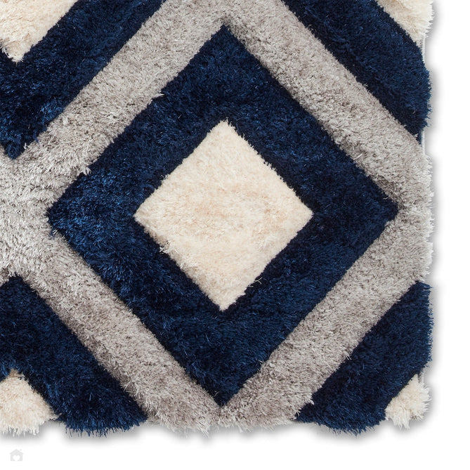 Olympia GR224 3D Geometric Plush Carved Hi-Lo Textured Soft Polyester Metallic Shimmer Shaggy Grey/Navy/Cream Rug-Think Rugs-Rug Love - The Most Loved Rug Store