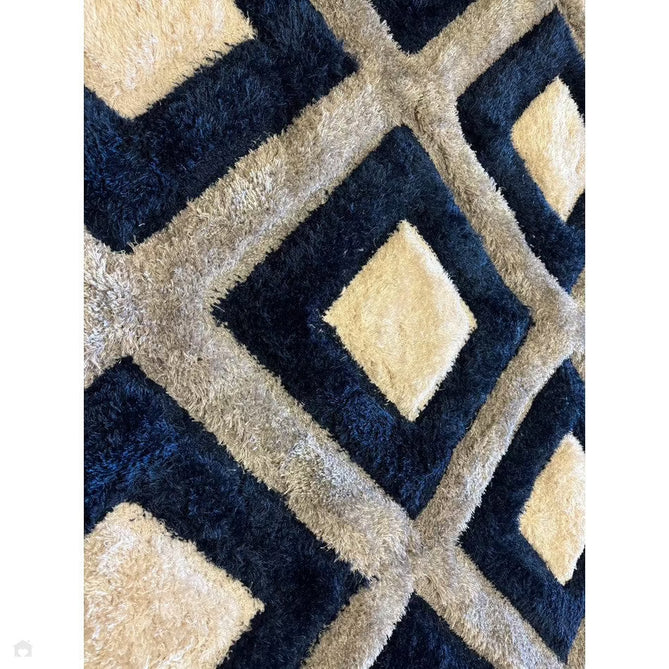 Olympia GR224 3D Geometric Plush Carved Hi-Lo Textured Soft Polyester Metallic Shimmer Shaggy Grey/Navy/Cream Rug-Think Rugs-Rug Love - The Most Loved Rug Store