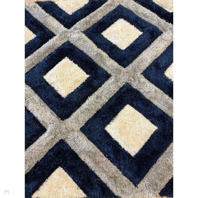 Olympia GR224 3D Geometric Plush Carved Hi-Lo Textured Soft Polyester Metallic Shimmer Shaggy Grey/Navy/Cream Rug-Think Rugs-Rug Love - The Most Loved Rug Store