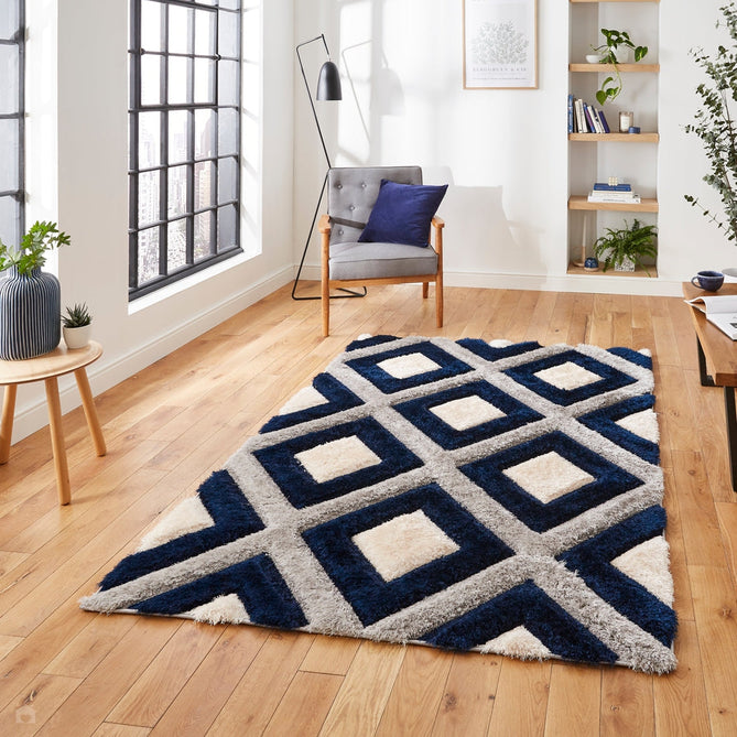 Olympia GR224 3D Geometric Plush Carved Hi-Lo Textured Soft Polyester Metallic Shimmer Shaggy Grey/Navy/Cream Rug-Think Rugs-Rug Love - The Most Loved Rug Store