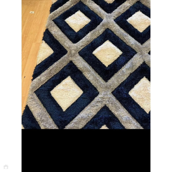 Olympia GR224 3D Geometric Plush Carved Hi-Lo Textured Soft Polyester Metallic Shimmer Shaggy Grey/Navy/Cream Rug-Think Rugs-Rug Love - The Most Loved Rug Store