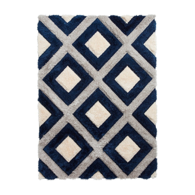Olympia GR224 3D Geometric Plush Carved Hi-Lo Textured Soft Polyester Metallic Shimmer Shaggy Grey/Navy/Cream Rug-Think Rugs-Rug Love - The Most Loved Rug Store