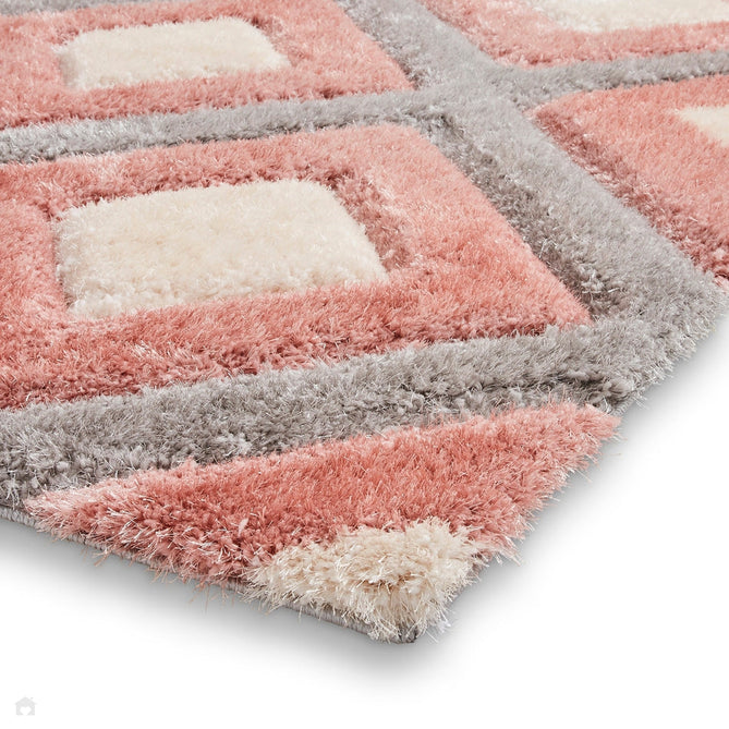 Olympia GR224 3D Geometric Plush Carved Hi-Lo Textured Soft Polyester Metallic Shimmer Shaggy Grey/Pink/Cream Rug-Think Rugs-Rug Love - The Most Loved Rug Store