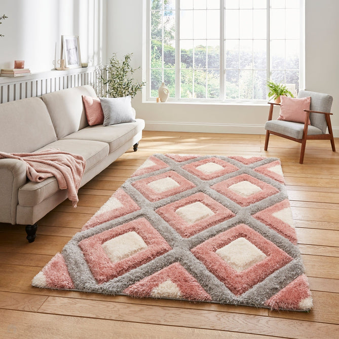 Olympia GR224 3D Geometric Plush Carved Hi-Lo Textured Soft Polyester Metallic Shimmer Shaggy Grey/Pink/Cream Rug-Think Rugs-Rug Love - The Most Loved Rug Store