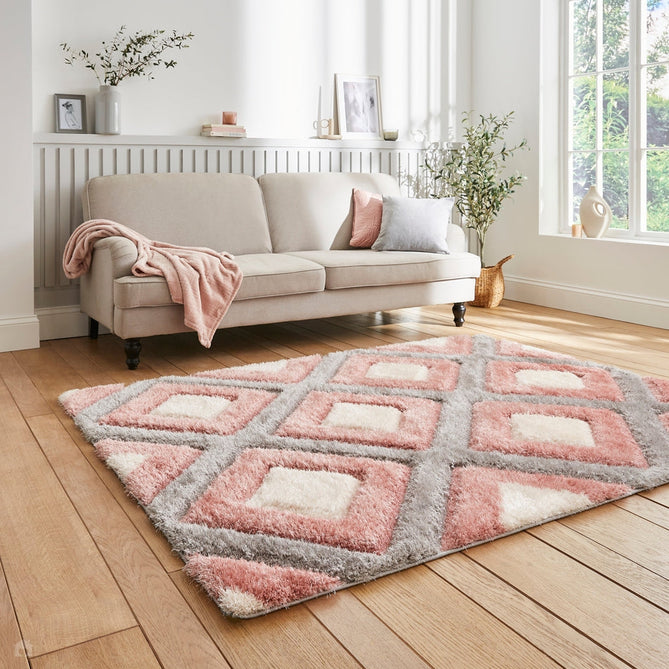 Olympia GR224 3D Geometric Plush Carved Hi-Lo Textured Soft Polyester Metallic Shimmer Shaggy Grey/Pink/Cream Rug-Think Rugs-Rug Love - The Most Loved Rug Store