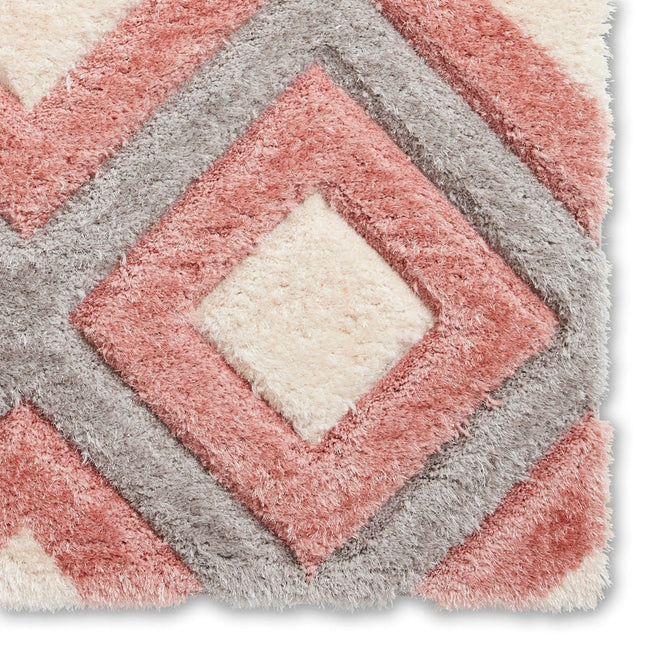 Olympia GR224 3D Geometric Plush Carved Hi-Lo Textured Soft Polyester Metallic Shimmer Shaggy Grey/Pink/Cream Rug-Think Rugs-Rug Love - The Most Loved Rug Store