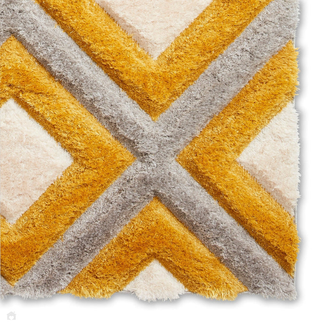 Olympia GR224 3D Geometric Plush Carved Hi-Lo Textured Soft Polyester Metallic Shimmer Shaggy Grey/Yellow/Cream Rug-Think Rugs-Rug Love - The Most Loved Rug Store