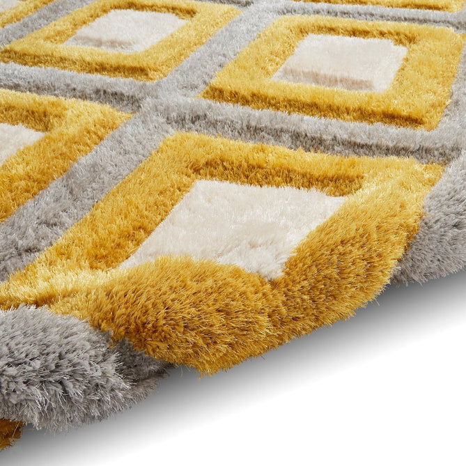 Olympia GR224 3D Geometric Plush Carved Hi-Lo Textured Soft Polyester Metallic Shimmer Shaggy Grey/Yellow/Cream Rug-Think Rugs-Rug Love - The Most Loved Rug Store