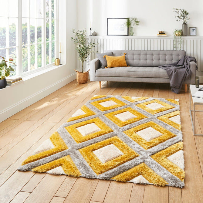 Olympia GR224 3D Geometric Plush Carved Hi-Lo Textured Soft Polyester Metallic Shimmer Shaggy Grey/Yellow/Cream Rug-Think Rugs-Rug Love - The Most Loved Rug Store