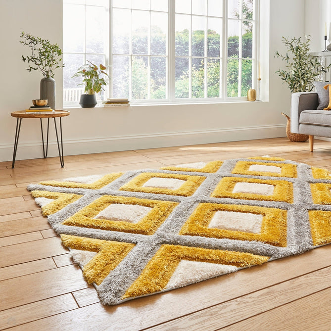 Olympia GR224 3D Geometric Plush Carved Hi-Lo Textured Soft Polyester Metallic Shimmer Shaggy Grey/Yellow/Cream Rug-Think Rugs-Rug Love - The Most Loved Rug Store
