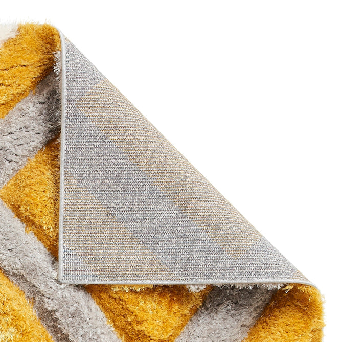 Olympia GR224 3D Geometric Plush Carved Hi-Lo Textured Soft Polyester Metallic Shimmer Shaggy Grey/Yellow/Cream Rug-Think Rugs-Rug Love - The Most Loved Rug Store