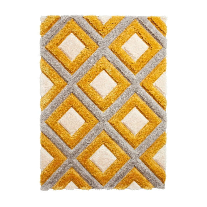 Olympia GR224 3D Geometric Plush Carved Hi-Lo Textured Soft Polyester Metallic Shimmer Shaggy Grey/Yellow/Cream Rug-Think Rugs-Rug Love - The Most Loved Rug Store