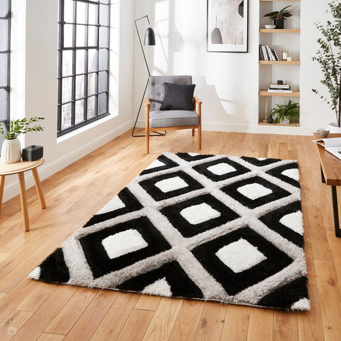 Olympia GR224 3D Geometric Plush Hand Carved Soft Polypropylene Shaggy Black/White/Grey Rug-Think Rugs-Rug Love - The Most Loved Rug Store