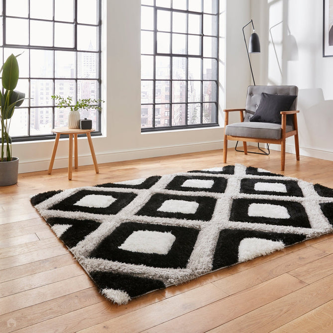 Olympia GR224 3D Geometric Plush Hand Carved Soft Polypropylene Shaggy Black/White/Grey Rug-Think Rugs-Rug Love - The Most Loved Rug Store