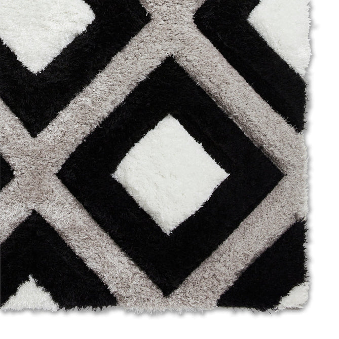 Olympia GR224 3D Geometric Plush Hand Carved Soft Polypropylene Shaggy Black/White/Grey Rug-Think Rugs-Rug Love - The Most Loved Rug Store