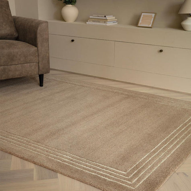 Orlo Modern Plain Tonal Variation Hand-Carved Hi-Lo Loop Pile Border Natural Undyed Wool Warm Cocoa Rug