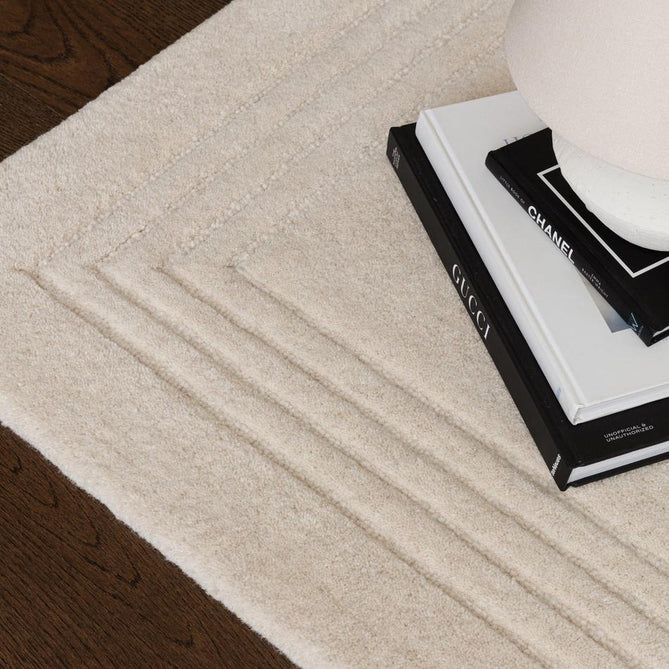 Orlo Modern Plain Tonal Variation Hand-Carved Hi-Lo Loop Pile Border Natural Undyed Wool Natural Ivory Rug