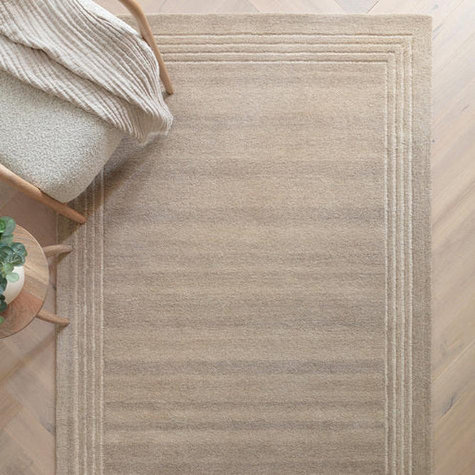 Orlo Modern Plain Tonal Variation Hand-Carved Hi-Lo Loop Pile Border Natural Undyed Wool Natural Sand Rug