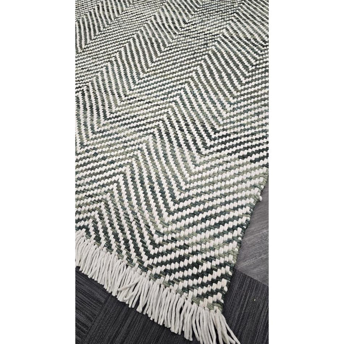 Vigo Modern Geometric Tonal Zig Zag Hand-Woven Heavyweight Textured Soft-Touch Jute & Wool Blend Chunky Loop Pile Flatweave Fringe Green/Cream Rug 200 x 290 cm