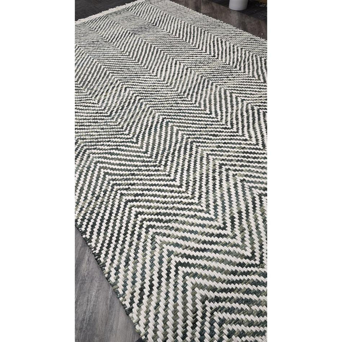 Vigo Modern Geometric Tonal Zig Zag Hand-Woven Heavyweight Textured Soft-Touch Jute & Wool Blend Chunky Loop Pile Flatweave Fringe Green/Cream Rug 200 x 290 cm
