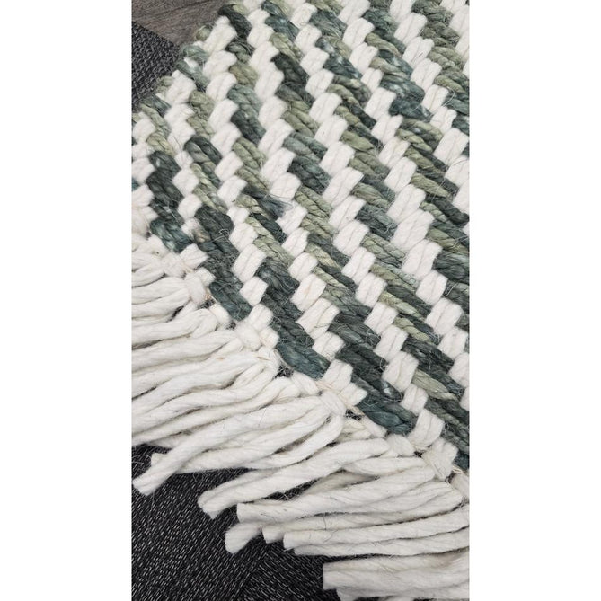Vigo Modern Geometric Tonal Zig Zag Hand-Woven Heavyweight Textured Soft-Touch Jute & Wool Blend Chunky Loop Pile Flatweave Fringe Green/Cream Rug 200 x 290 cm