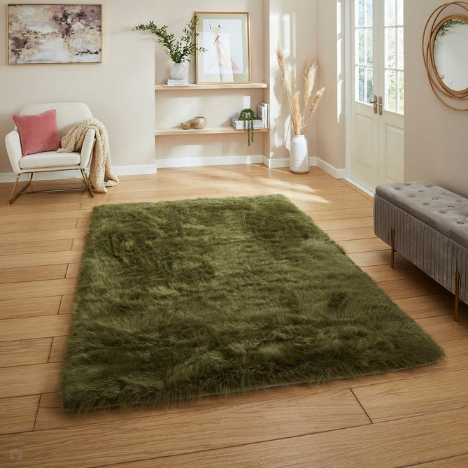 Polar Plush Plain Super Soft Fluffy Faux Fur Feel Textured Ultra Fine Yarn Acrylic Hand-Tufted Wispy Long Strand Shaggy Olive Green Rug-Think Rugs-Rug Love - The Most Loved Rug Store
