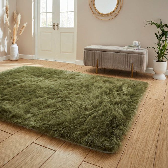 Polar Plush Plain Super Soft Fluffy Faux Fur Feel Textured Ultra Fine Yarn Acrylic Hand-Tufted Wispy Long Strand Shaggy Olive Green Rug-Think Rugs-Rug Love - The Most Loved Rug Store