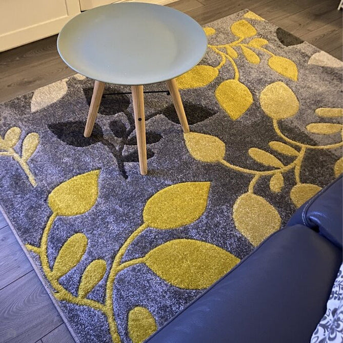 Portland 1096 1 Modern Floral Leaf Carved Durable Short Pile Grey/Cream/Yellow Rug-Melrose-Rug Love - The Most Loved Rug Store