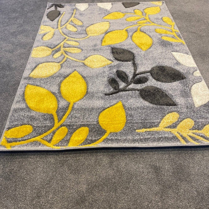 Portland 1096 1 Modern Floral Leaf Carved Durable Short Pile Grey/Cream/Yellow Rug-Melrose-Rug Love - The Most Loved Rug Store