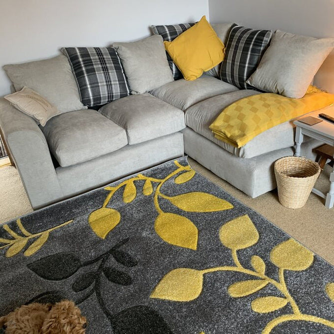 Portland 1096 1 Modern Floral Leaf Carved Durable Short Pile Grey/Cream/Yellow Rug-Melrose-Rug Love - The Most Loved Rug Store