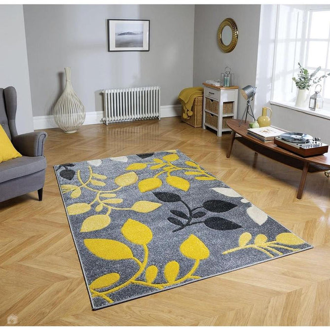 Portland 1096 1 Modern Floral Leaf Carved Durable Short Pile Grey/Cream/Yellow Rug-Melrose-Rug Love - The Most Loved Rug Store