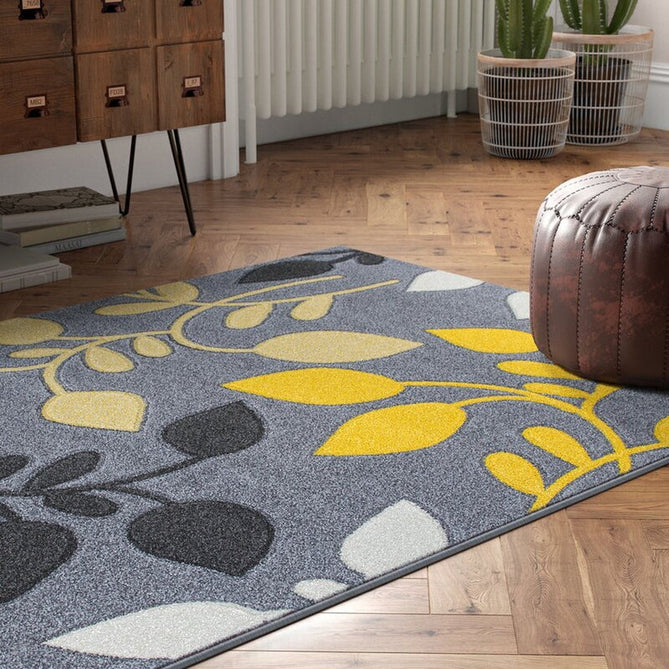 Portland 1096 1 Modern Floral Leaf Carved Durable Short Pile Grey/Cream/Yellow Rug-Melrose-Rug Love - The Most Loved Rug Store