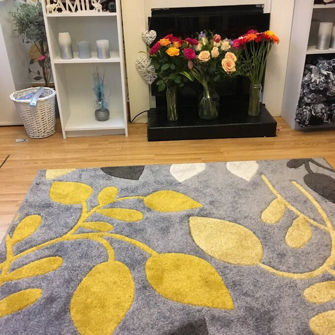 Portland 1096 1 Modern Floral Leaf Carved Durable Short Pile Grey/Cream/Yellow Rug-Melrose-Rug Love - The Most Loved Rug Store
